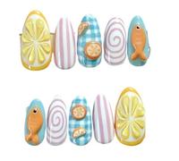 24Pcs Green Press On Nails Almond Frog Floral Fresh Wearable Set