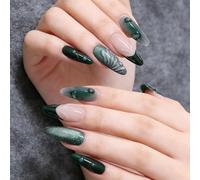 24Pcs Green Press on Nails Medium Almond Fake Nails with 3D Green Ripple Design Handmade Press on French Nails Tips Leaves Pattern Full Cover Glossy Y2k Reusable DIY Nails for Women Nail