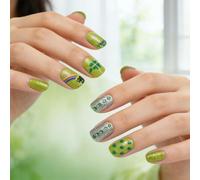 24Pcs Green Synthetic Nails Short Square Shape Decorated with Metallic Crystal and Shamrock Charms ABS Short Acrylic Nails