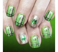 24Pcs Green Synthetic Nails Short Square Shape Decorated with Metallic Plaids and Shamrock Charms Green Trifolium Plaids Press on