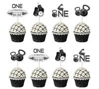 24pcs Gym 1st Theme Cupcake Topper One Strong Dude Birthday Decorations Gym First Birthday Decorations Fitness 1st Cake Decor Gym-Workout Party Bodybuilder Weightlifting Party for One Year Old Boys