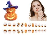 24Pcs Hallo/ween Press on Nails,Short Square False Nails Kit,Removable Fake Nails with Ghost Spider Net Design,Cute Pumpkin French Tip Nail Extensions for Women,Very Interesting,Natual,Easy to Use