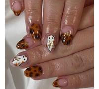 24Pcs Halloween Autumn Ghost Press on Nails - Short Oval Brown Tortoise Shell Fake Nails with Leaf and Acorn Design, Stick On for Women Fall Party Manicure (Ghost Leaf)