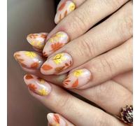 24Pcs Halloween Autumn Press On Nails Almond Maple Leaves Stick On Nails Thanksgiving Day For Women Manicure