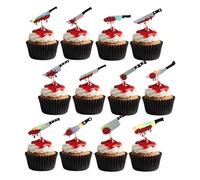 24pcs Halloween Cupcake Toppers, 12 Styles Glitter Horror Blood Knife Cupcake Picks Scary Knife Birthday Cake Insert for Halloween Party Cake Decorations Supplies