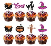 24Pcs Halloween Cupcake Toppers Glitter Witch Cat Pumpkin Spider Web Cupcake Picks Boo Ghost Cake Decorations for Happy Halloween Theme Baby Shower Birthday Party Supplies