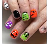 24Pcs Halloween Fake Nails - Cute Bat Ghost Spider Web Black Green Red Square False Nails - Square Cute Cobweb Press on Nails - Full Cover Stick on Nails for Women and Girls Manicure Decorations