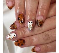 24Pcs Halloween Fake Nails - Cute Brown Leopard Ghost Pumpkin Almond False Nails Cute Shards Press on Nails - Full Cover Stick on Nails for Women and Girls Manicure Decorations