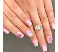 24pcs Halloween Fake Nails - Medium Square False nails - Nude Press on Nails with Glue - 12 Sizes Stick on nails - Full Cover Glue on Nails for Women - Pink Pumpkin, Ghost, Skeleton, Candy Design