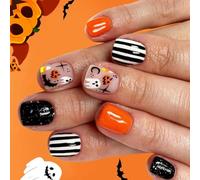 24Pcs Halloween Fake Nails With Ghostly Stripes Pumpkin Bat Patterns Nails Art For Women Party Decoration Halloween Press On Nail Ghostly Stripes