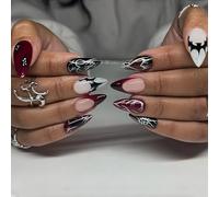 24PCS Halloween False Nails,24Pcs Medium False Nail Oval,Punk Metal Nail French Tips Red & Black Bat Spider Design,Silver Line Manicure Acrylic Artificial Nail for Women Gilr