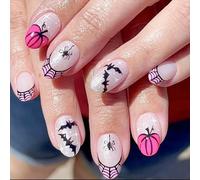 24pcs Halloween False Nails - Halloween Stick On Nails With Glue - Short Oval & Almond Full Cover Fake Nails With Glitter - Spider Themed With French Web & Pink Pumpkin