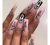 24Pcs Halloween False Nails Long, Cute ghost cat skull spider pattern press-on nails Press on Nails, Acrylic Full Cover Glue on Nail for Women and Girls Nail Art Accessories (002#)
