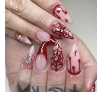 24Pcs Halloween False Nails Medium Almond Press on Nails Nude Pink French Fake Nail with Spider Web & Rhinestones Designs Stiletto Artificial Full Cover Acrylic Stick on Nails for Women Girls