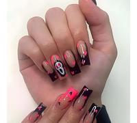 24Pcs Halloween False Nails mid-length, Cute ghost cat skull spider pattern press-on nails Press on Nails, Acrylic Full Cover Glue on Nail for Women and Girls Nail Art Accessories (001#)