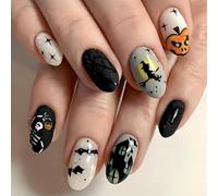 24Pcs Halloween False Nails - Press on Nails Almond with Glue - Short Oval Witch Pumpkin Black Star Fake Nail - Stick on Nails for Women - for Halloween Party and Thanksgiving Day