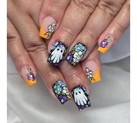 24PCS Halloween False Nails Set Pumpkin Flower Spiderweb Haunting Pattern ABS Press On Nails With Multiple Size Gothic Bat Glittering Fake Nail