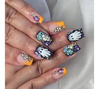 24PCS Halloween False Nails Set Pumpkin Flower Spiderweb Haunting Pattern ABS Press on with Multiple Size Dark Gothic Party Press on