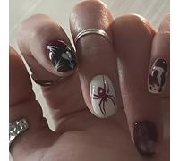24Pcs Halloween False Nails Short, Cute ghost cat skull spider pattern press-on nails Press on Nails, Acrylic Full Cover Glue on Nail for Women and Girls Nail Art Accessories (019#)