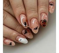 24Pcs Halloween False Nails Short, Pink Almond Press on Nails with Bat & Ghost Pattern, Full Cover Glossy Fake Nails Stick on Nails for Women Girls Halloween Cosplay Party