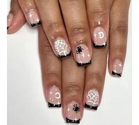 24Pcs Halloween False Nails Short Square, French Black Tips Press on Nails Nude Pink Fake Nail with Spider Web & Spider Designs, Reusable Glue on Nail Acrylic Full Cover Stick on Nails for Women