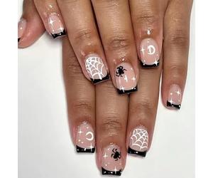 24Pcs Halloween False Nails Short Square, French Black Tips Press on Nails Nude Pink Fake Nail with Spider Web & Spider Designs, Reusable Glue on Nail Acrylic Full Cover Stick on Nails for Women