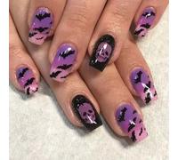 24Pcs Halloween False Nails - Short Square Halloween Press on Nails for Women - Purple-black Color Horror-style Bat Skull Design of Goth Nails