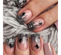 24Pcs Halloween False Nails Short Square, Pink Glitter French Press on Nails Black Gradient Glossy Full Cover Acrylic Fake Nail with Spiders Design, Natural Reusable Stick on Nails for Women Girls