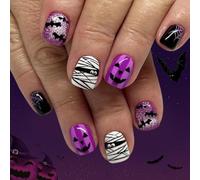 24Pcs Halloween French False Nails Short Square, Black Purple Glitter Press on Nails with Cute Bat Spiderweb Mummy Designs Full Cover Acrylic Stick on Nails, Reusable Artificial Fake Nail for Women
