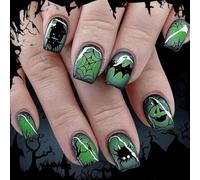 24Pcs Halloween French False Nails Short Square, Emerald Green Press on Nails Cute Pumpkin Ghost Spiderweb Glossy Full Cover Fake Nail, Reusable Artificial Acrylic Stick on Nails for Women and Girls