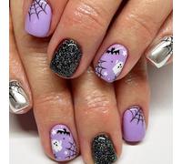 24Pcs Halloween French False Nails Short Square, Purple Black Glitter Press on Nails Glossy Full Cover Acrylic Stick on Nails with Bat Ghost Spiderweb Design, Reusable Fake Nail for Women and Girls