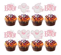 24Pcs Halloween Ghost Cupcake Toppers Pink Glitter Halloween Boo Cake Decorations Halloween Baby Shower Cake Picks for Halloween Theme Kids Birthday Party Supplies