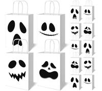24Pcs Halloween Ghost Paper Gift Bags with Handles White Black Ghost Faces Printed Goodie Bags for Halloween Trick or Treat Party Supplies