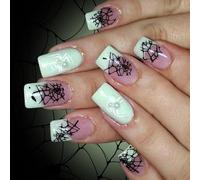 24Pcs Halloween Glittering Nails White Cobweb Nails Art Adhesive Faux Fingernails For Party Costume Accessories ABS Witch Nail