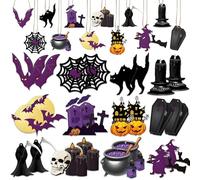 24PCS Halloween Hanging Decorations - Wooden Bat Rip Tombstone Pumpkin Ghost Skull Witch Candy Bowl Black Cat Cutouts - Vintage Halloween Hanging Ornaments with Ropes for Home Party Decor Supplies