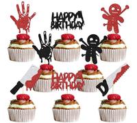 24Pcs Halloween Happy Birthday Cupcake Topper Horror Movie Birthday Party Decoration Blood Knife Have a Killer Birthday Party Cake Decorations Black Red Glitter