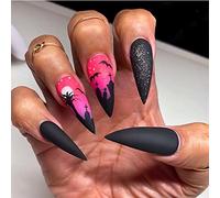 24PCS Halloween Long False Nails with Glue Stickers, Almond Full Cover Acrylic Press on Nails no Glue,Black Pink Midnight Fake Nails for Women and Girls Nail Art