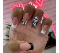 24PCS Halloween Medium False Nails With Glue Stickers, Coffin Full Cover Acrylic Press-On, Black White Spider Fake Stick-On for Women and Girls Nail Art