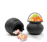 24PCS Halloween Mini Cauldron and Witch Broom Set, Plastic Cauldrons with Wooden Handle Brooms, Black Witch Bucket Mini Witch Kids Trick-or-Treating Candy Buckets