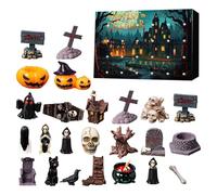 24pcs Halloween Mini Figurines Advent Calendar, Creative Miniature Skull Heads, Crow, Tombstone Scene Ornaments Set, Horror Village Collections Advent Calendar, Resin Crafts for Party Favors (A)