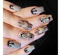 24Pcs Halloween Nails Art Glitters Spiders Web Heart Designs Press On False Nails Stick On Oval Manicure Shimmering Halloween Costume Nail