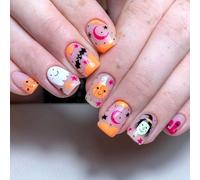 24Pcs Halloween Nails, Autumn Press On Nails with Moon Pumpkin Ghost Scarecrow Designs in Orange and Pink Short Squoval False Nails Manicure Kits for Halloween Nail DIY