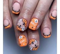 24Pcs Halloween Nails, Autumn Press on Nails with Pumpkin Ghost Designs, Orange Short Squoval False Nails for Women Girls, Spooky Fall Nail for Halloween Party