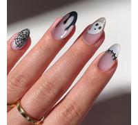24pcs Halloween Nails - Press on nails Almond - French Tip False Nails with Glue - Medium Stick on nails for Women - Halloween Fake Nails - Ombre Pink Glue on Nails - Gothic Ghost, Spider Web Design