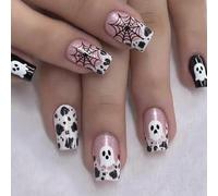24PCS Halloween Nails with Glue - Leopard Print False Nails French Tip - Pink Glitter Press on nails - Medium Square Fake Nails - Gothic Black & White Stick on Nails - Cute Ghost, Spider Web Nail Art