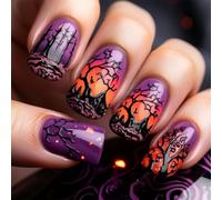 24pcs Halloween Party Fake Nails Ghostly Design M Square ABS False Nails Comfortable Long Lasting Wear Purple Mystic Forest Fake Nail