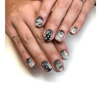24PCS Halloween Press On Nails, Acrylic Fake Nails & Short Press On Nails with Castle Ghost Bat Starry Sky Designs in Grey Short Square False Nails Manicure Kits for Halloween Nail DIY