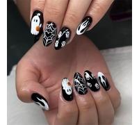 24PCS Halloween Press on Nails - Almond Fake Nails Black White Ghost Spider Web Design - Cute Cosplay False Nails Glossy And Full Cover Acrylic Nails for Women