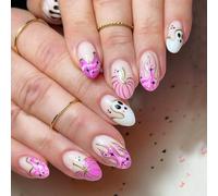 24PCS Halloween Press on Nails Almond - Halloween False Nails with Glue - Hot Pink Fake Nails with Ghost Pumpkin Elements - French Tip False Nails in 12 Sizes - Cute Full Cover Acrylic Nail for Women
