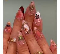 24Pcs Halloween Press on Nails Almond Medium, Cute Ghost Pumpkin Fake Nails | Nude Pink French Tip False Nails, Spider Bat Flower Designs Glue on Nail, Full Cover Reusable Glossy Stick on Nails for Women